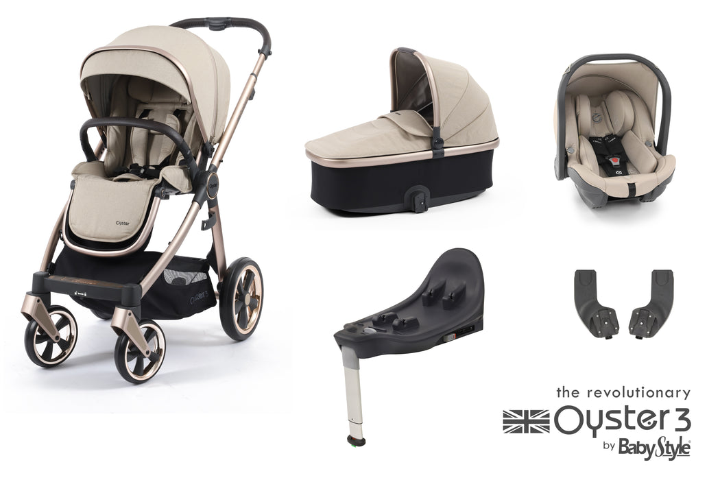BabyStyle Oyster 3 Essential Bundle with Capsule i-Size Car Seat & Oyster Duofix Base - Creme Brûlée - Delivery Late May