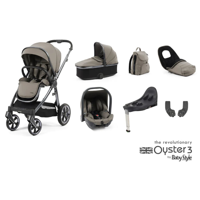 BabyStyle Oyster 3 Luxury Bundle with Capsule i-Size Car Seat & Oyster Duofix Base - Stone - Delivery Mid July