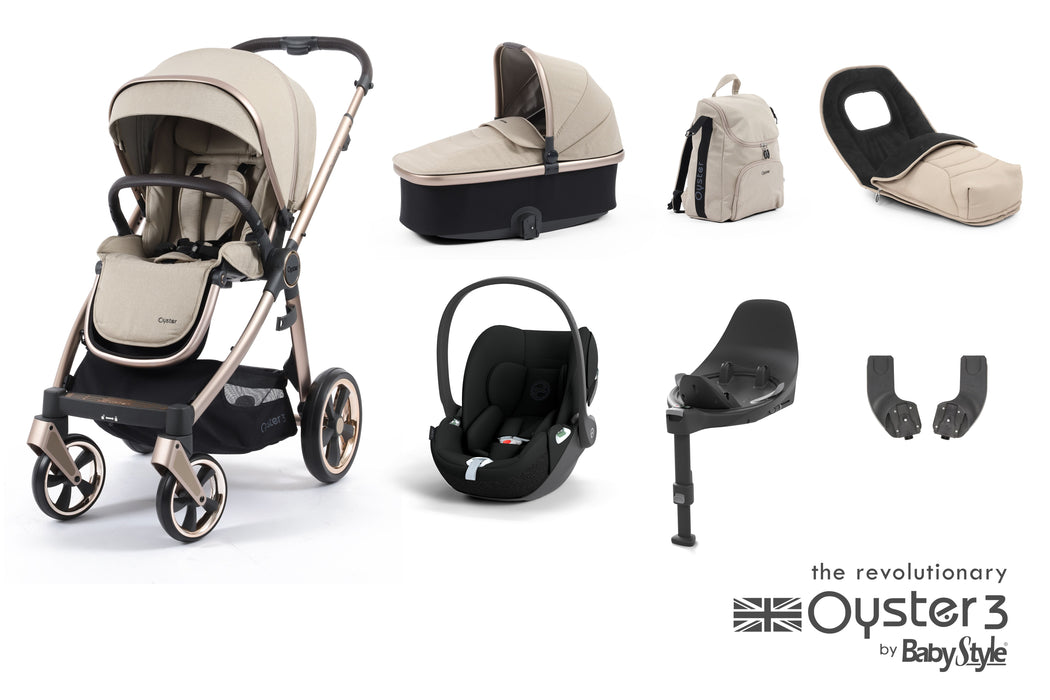 BabyStyle Oyster 3 Luxury Bundle with Cybex Cloud T Car Seat & Rotating Base - Creme Brûlée - Delivery Late July