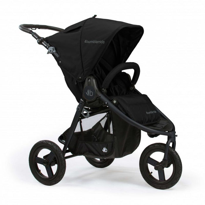 Bumbleride Indie Bundle - Matte Black pushchair, carrycot and rain cover, car seat adapters