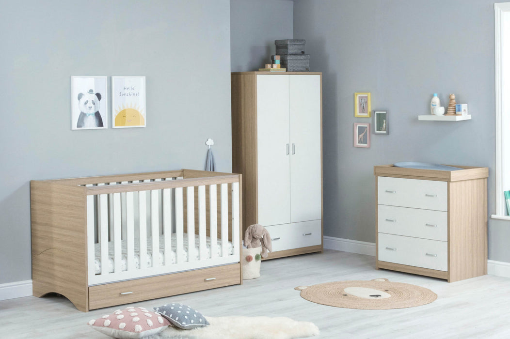 Babymore Veni 3 Piece Cot Bed with Under Drawer, Wardrobe & Changing Unit - Oak White