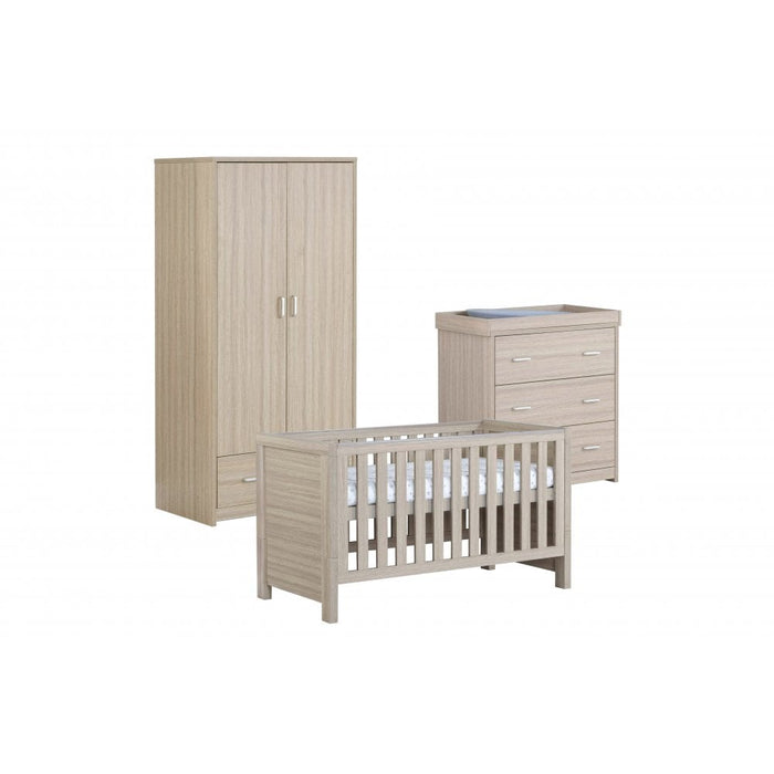 Babymore Luno 3 piece Cot Bed with Underdrawer, Wardrobe & Changing Unit - Oak