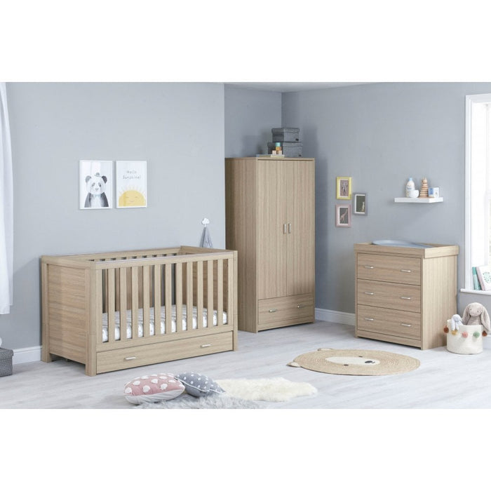 Babymore Luno 3 piece Cot Bed with Underdrawer, Wardrobe & Changing Unit - Oak