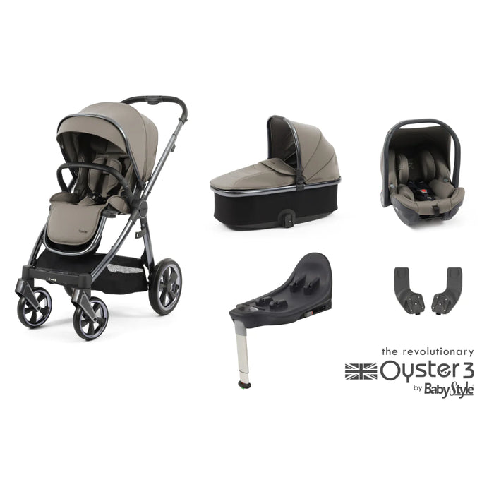 BabyStyle Oyster 3 Essential Bundle with Capsule i-Size Car Seat & Oyster Duofix Base - Stone - Delivery Late May