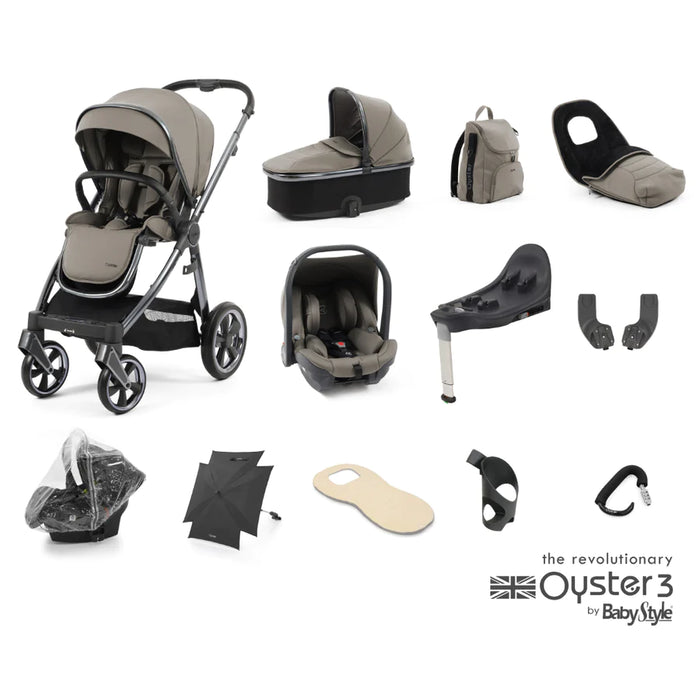 BabyStyle Oyster 3 Ultimate Bundle with Capsule i-Size Car Seat & Oyster Duofix Base - Stone - Delivery Mid July