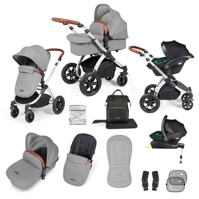 Ickle Bubba Stomp Luxe i-Size Travel System with Stratus Car Seat & Base - Pearl Grey Silver