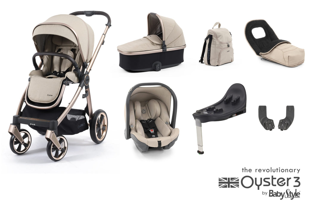 BabyStyle Oyster 3 Luxury Bundle with Capsule i-Size Car Seat & Oyster Duofix Base - Creme Brûlée - Delivery Late June