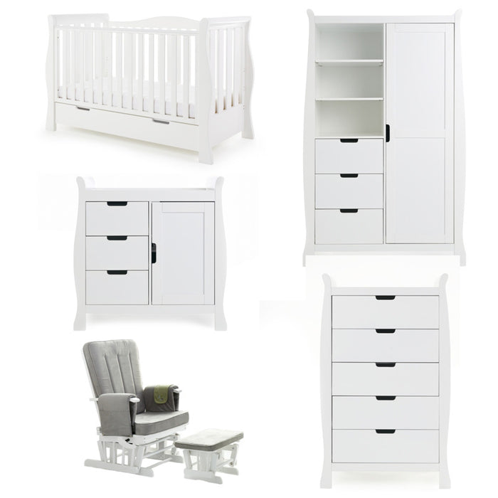 Obaby Stamford Luxe 5 Piece Room Set including Deluxe Glider Chair - White - Delivery Late July