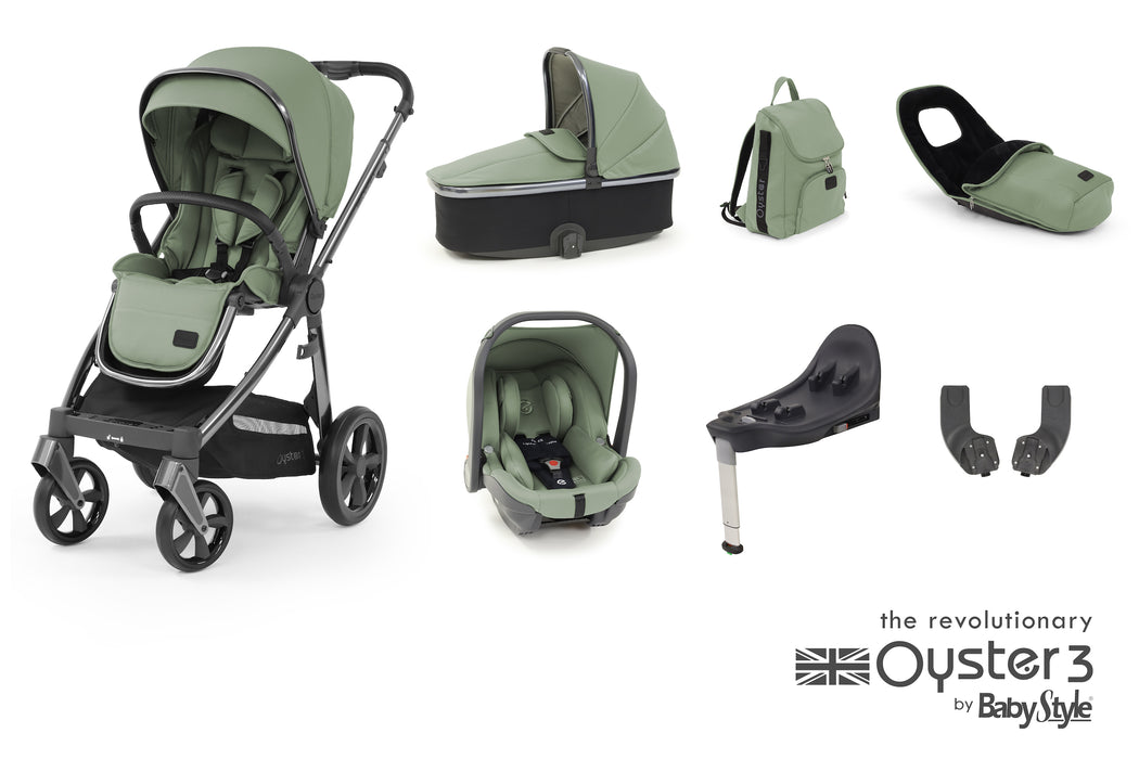 NEW BabyStyle Oyster 3 Luxury Bundle with Capsule i-Size Car Seat & Oyster Duofix Base - Spearmint on Gunmetal Chassis - Delivery Late Feb