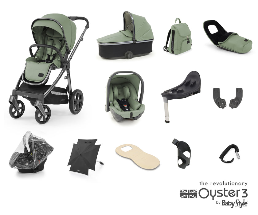 BabyStyle Oyster 3 Ultimate Bundle with Capsule i-Size Car Seat & Oyster Duofix Base - Spearmint on Gunmetal Chassis - Delivery Late May