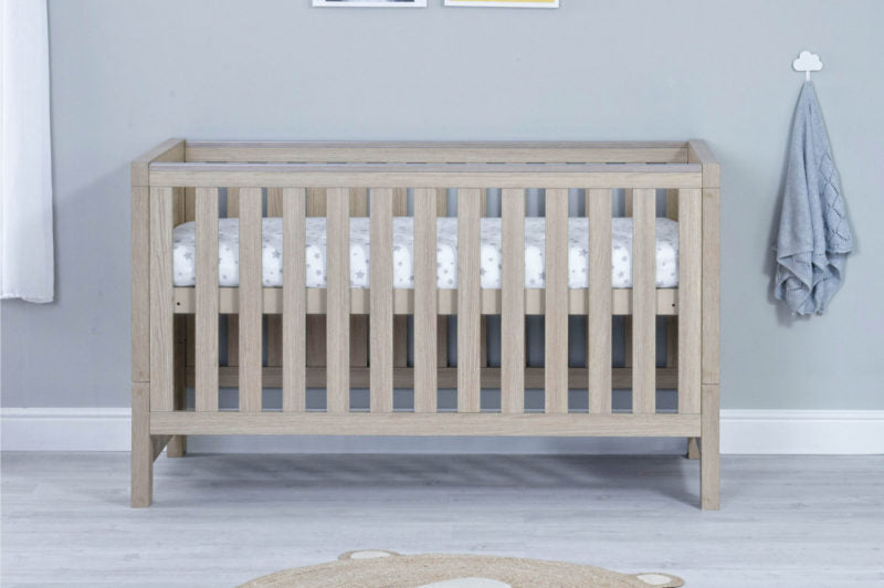 Babymore Luno 3 piece Cot Bed with Underdrawer, Wardrobe & Changing Unit - Oak - January Delivery