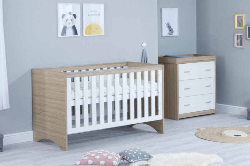 Babymore Veni 2 Piece Cot Bed with Under Drawer & Changing Unit - Oak White